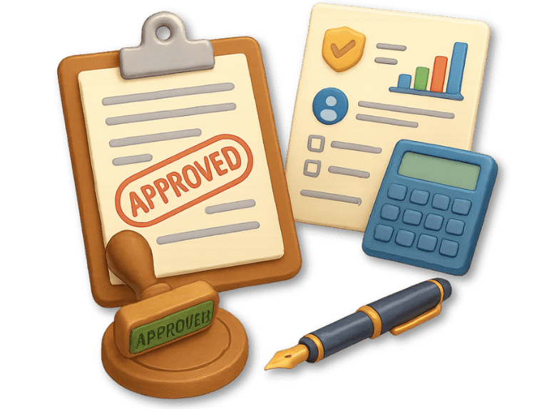 3D illustration of underwriting elements, including an approved form, financial documents, calculator, and pen representing the risk evaluation process.