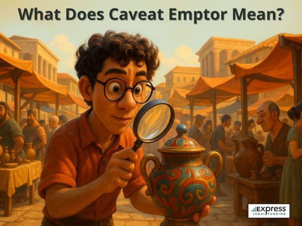 Illustration of a man examining a ceramic vase with a magnifying glass at a market, symbolizing the caveat emptor principle of buyer beware.