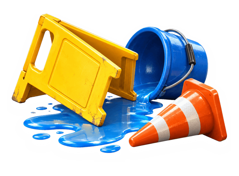 Icon with spilled bucket, fallen warning sign, blue puddle, and traffic cone representing negligence.