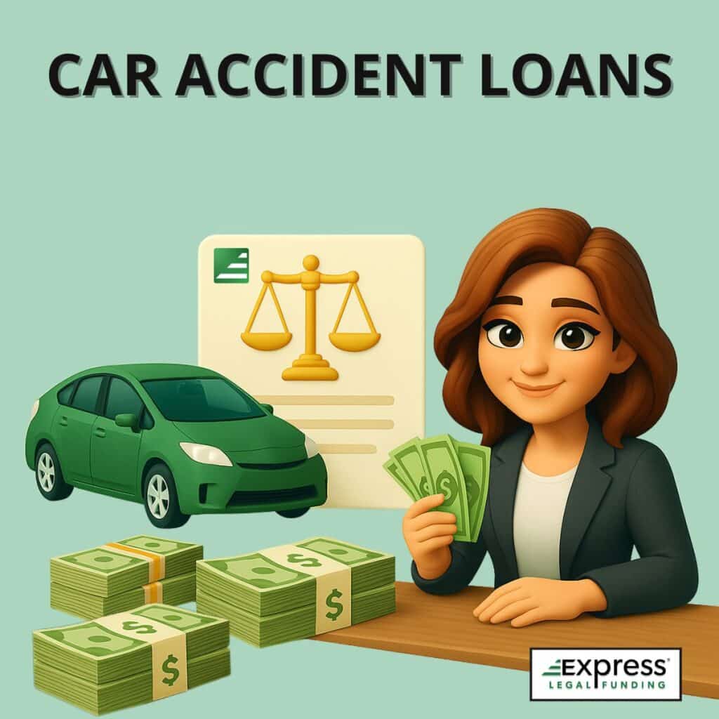 3D-style graphic of a woman holding money next to a green car and law icon, representing pre-settlement funding for car accidents.