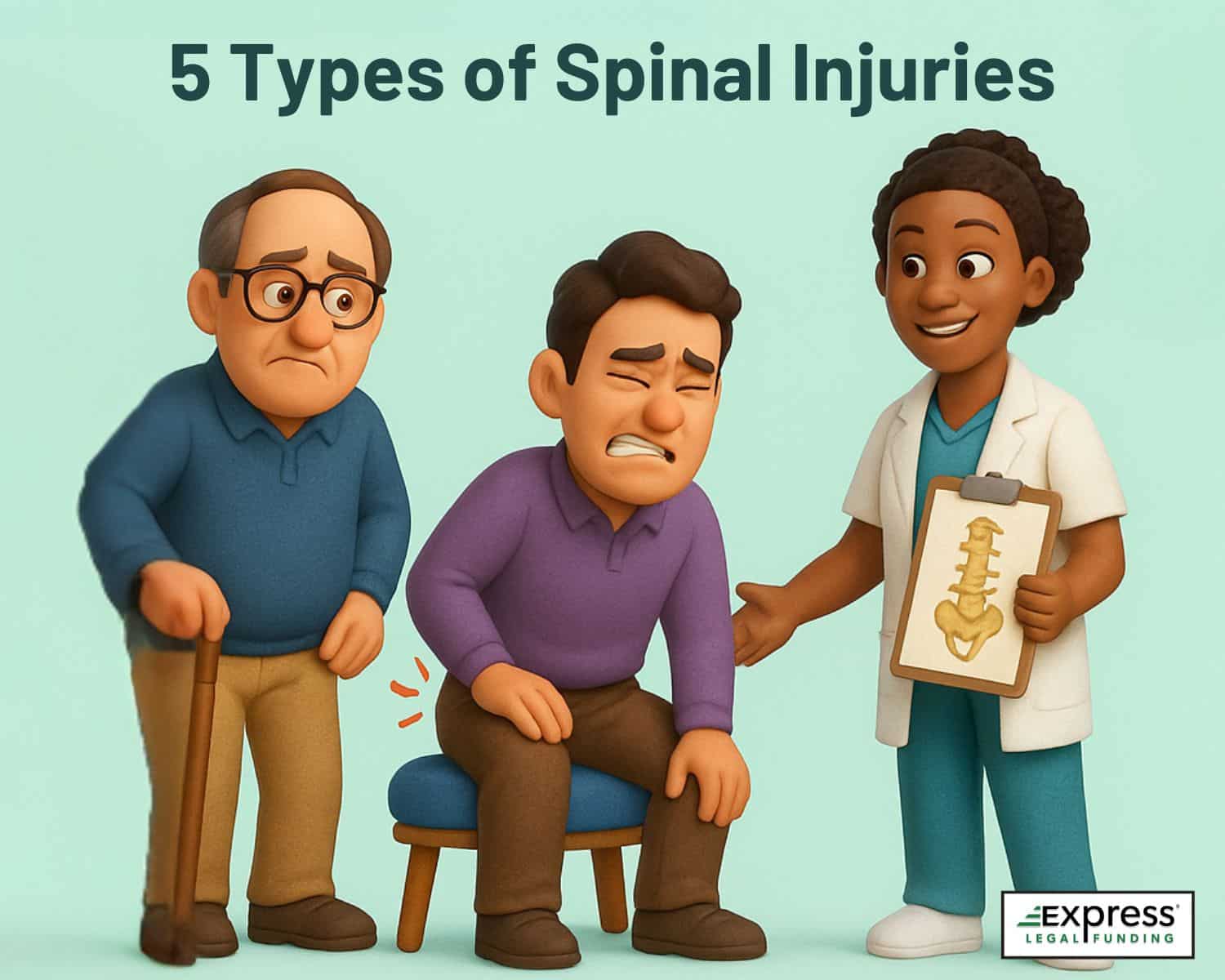 Illustration of spinal injury patients with a doctor explaining spinal anatomy, representing five types of spinal injuries.