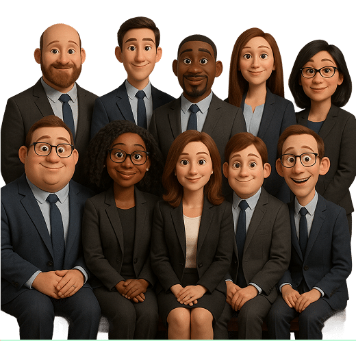 Group photo of the Express Legal Funding team, featuring a diverse group of men and women in business attire, smiling and seated together as a professional legal funding team.