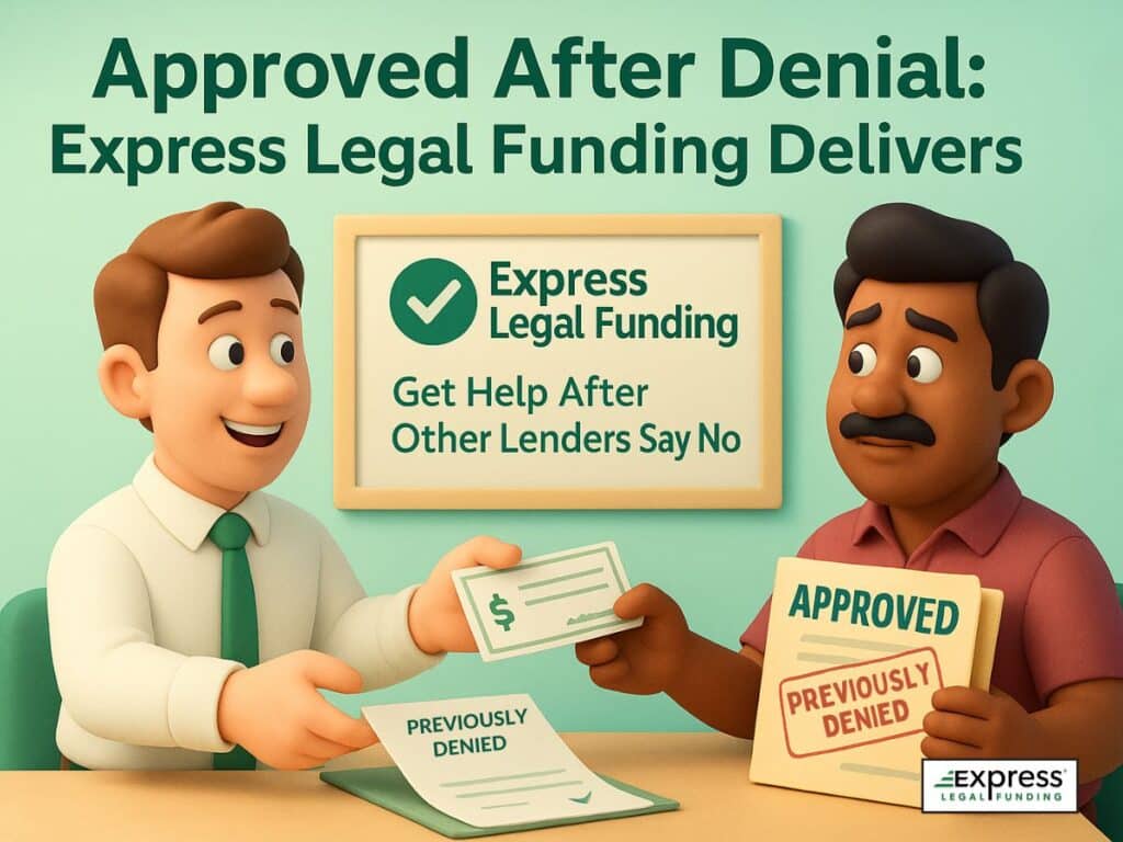 3D illustration of a plaintiff receiving pre-settlement funding from Express Legal Funding after being denied by another lender.