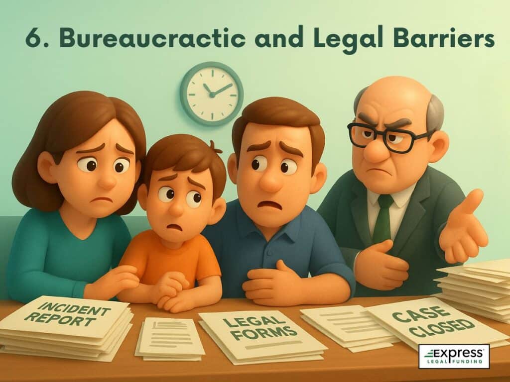A family overwhelmed by paperwork labeled “Incident Report,” “Legal Forms,” and “Case Closed,” while an official gestures at the forms reporting nursing home abuse.