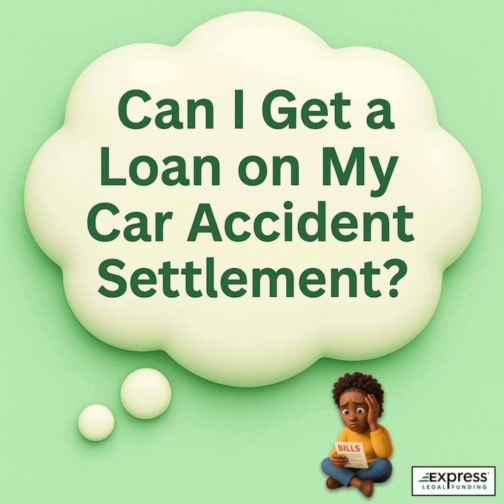 illustration of a worried plaintiff holding bills beneath a large thought bubble that reads, “Can I Get a Loan on My Car Accident Settlement?” with Express Legal Funding branding.