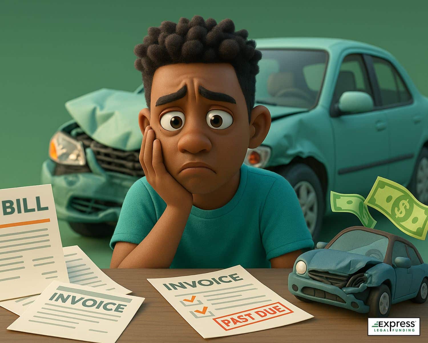 A worried man surrounded by bills with a damaged car in the background, representing financial stress after a car accident and the need for a loan on a car accident settlement.