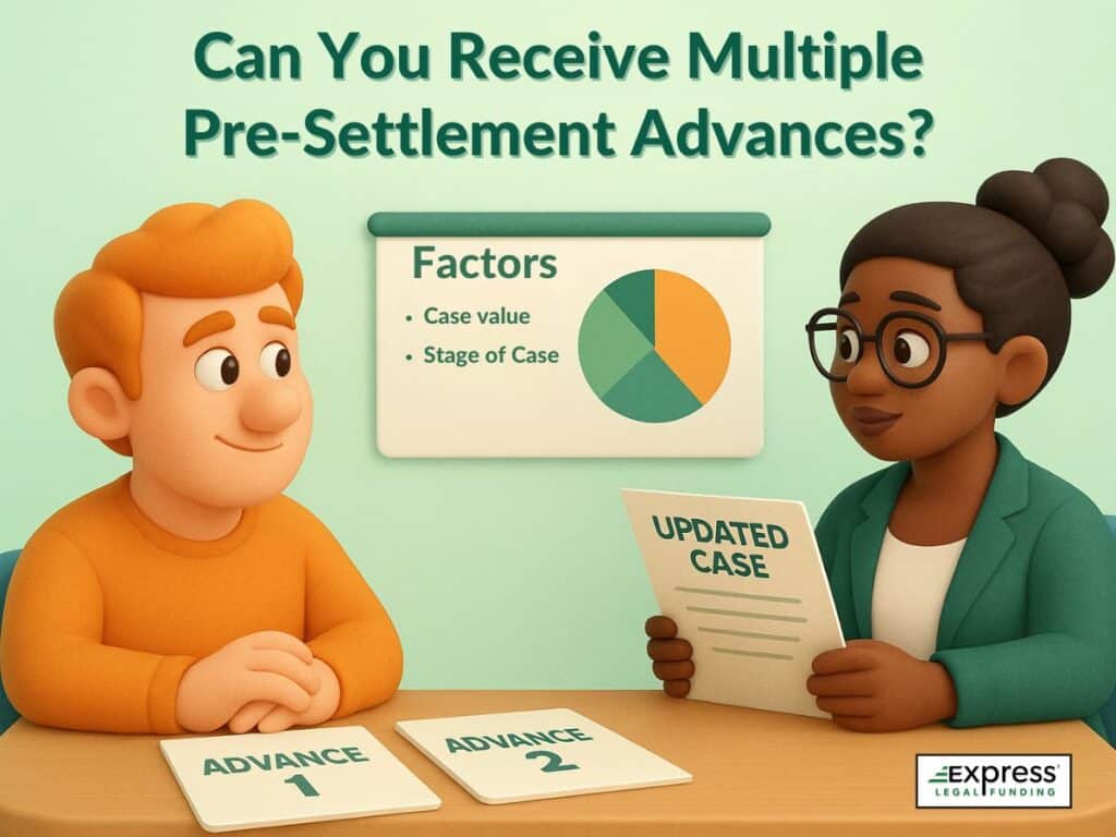 Plaintiff discussing additional pre-settlement funding options with advisor reviewing updated case documents.