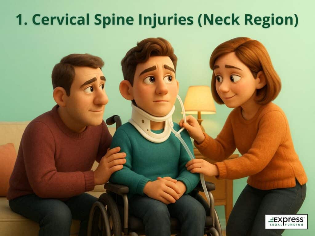Patient with a neck brace in a wheelchair supported by family, illustrating a cervical spine injury.