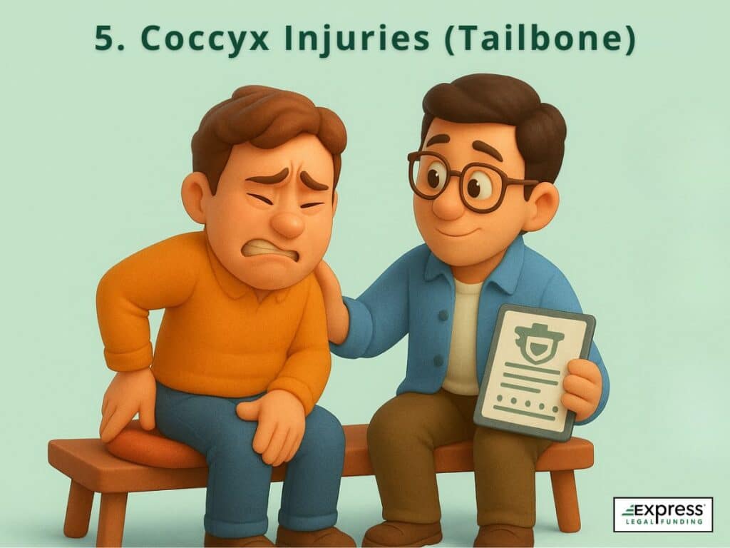 Patient sitting on a cushion in pain with a friend showing a legal claim form, symbolizing a coccyx injury.