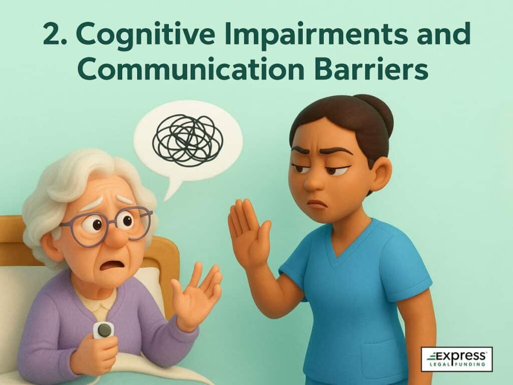 Illustration of a confused elderly woman with a speech bubble, as a nurse waves her off impatiently.