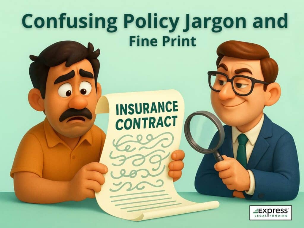 Confused man holding insurance contract filled with legal jargon as adjuster uses magnifying glass to examine fine print.