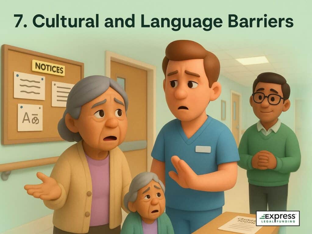 Non-English-speaking seniors attempt to communicate with nursing staff in a hallway while an interpreter stands by.