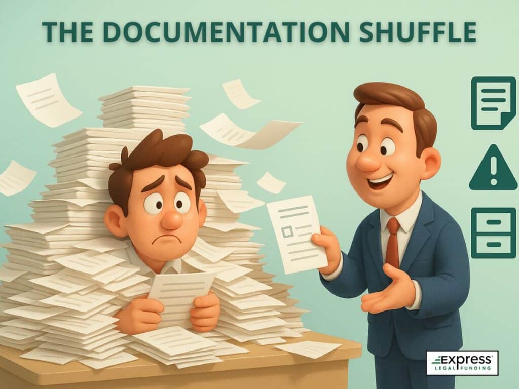Claimant overwhelmed by a mountain of paperwork as smiling adjuster hands him yet another form.