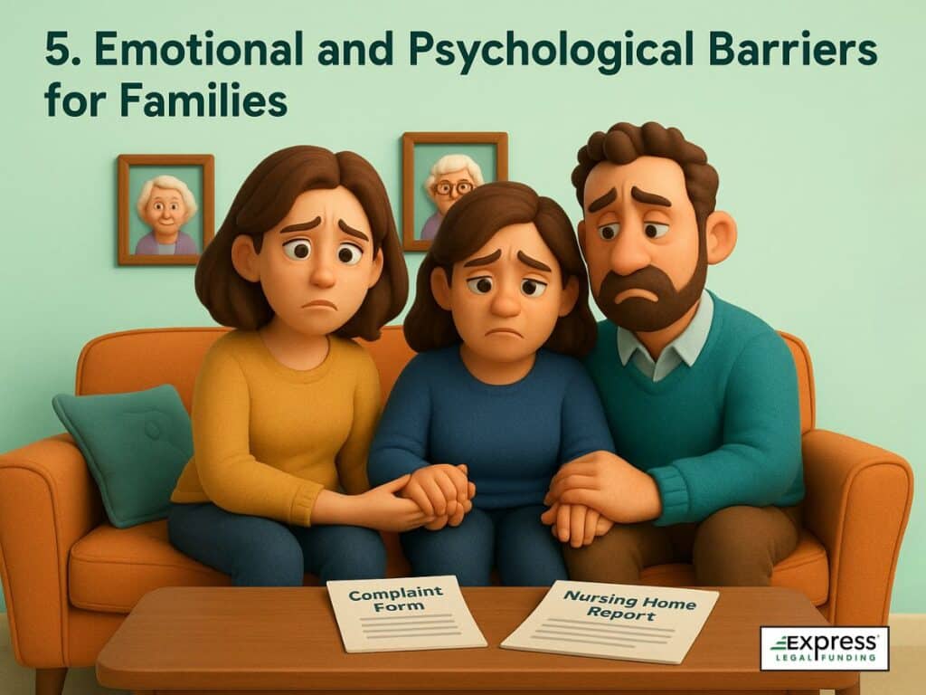 A somber family holding hands on a couch with complaint forms in front of them, expressing hesitation and distress.