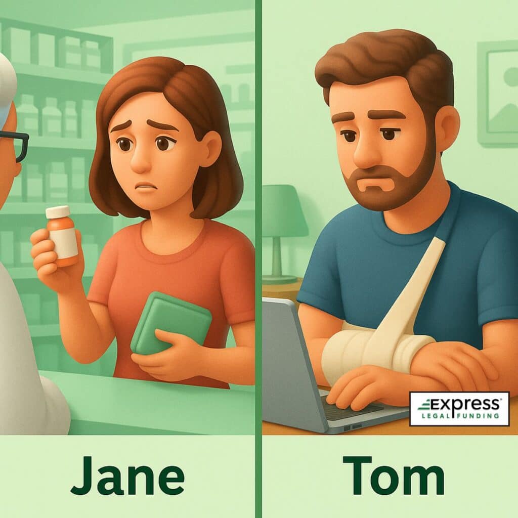 3D split-screen showing Jane at a pharmacy and Tom in a sling at a laptop, visualizing real plaintiff stories.