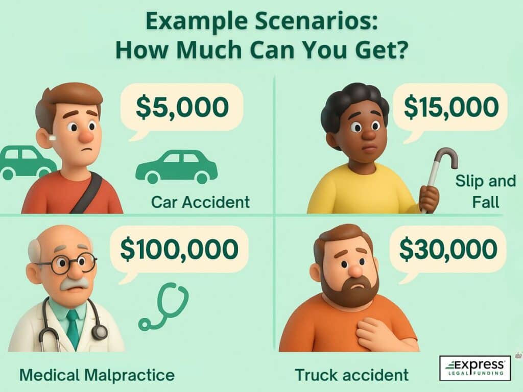 Visual examples of pre-settlement funding amounts for car accidents, slip and fall, truck accidents, and medical malpractice claims.