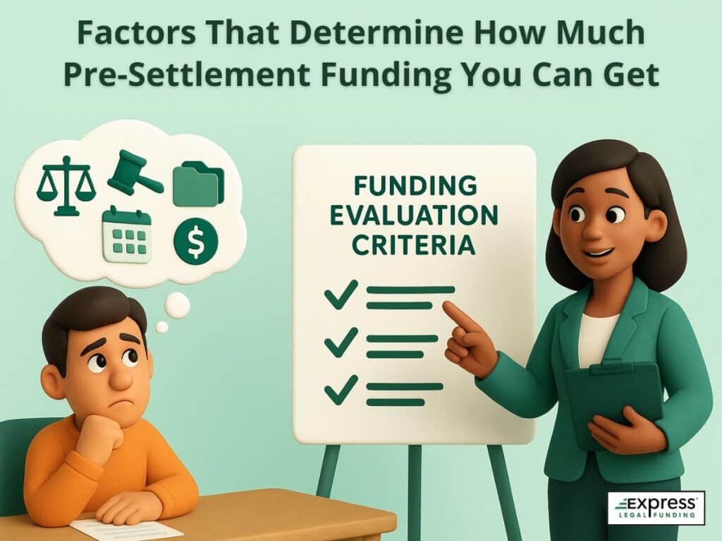 Plaintiff thinking about key factors like case value, attorney, and insurance limits, while a legal funding advisor explains approval criteria.