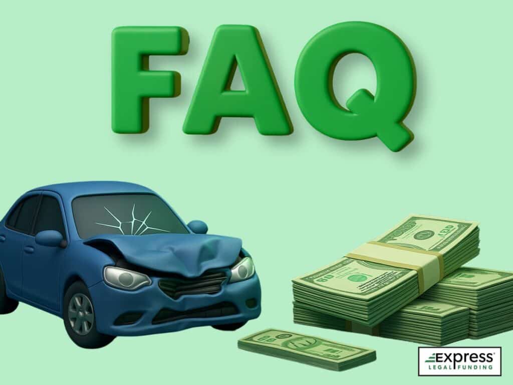 3D image showing a damaged car and a stack of money beneath large green “FAQ” letters, symbolizing financial questions after a car crash.