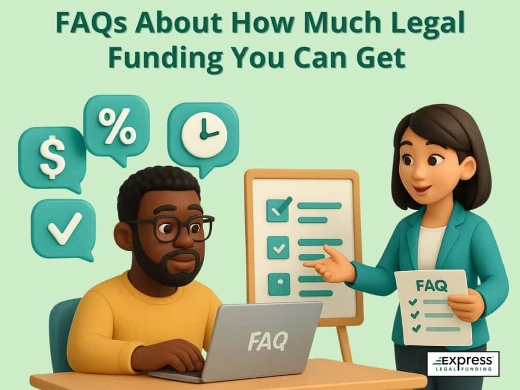 Plaintiff reading legal funding FAQs on a laptop with an advisor explaining common questions and answers.