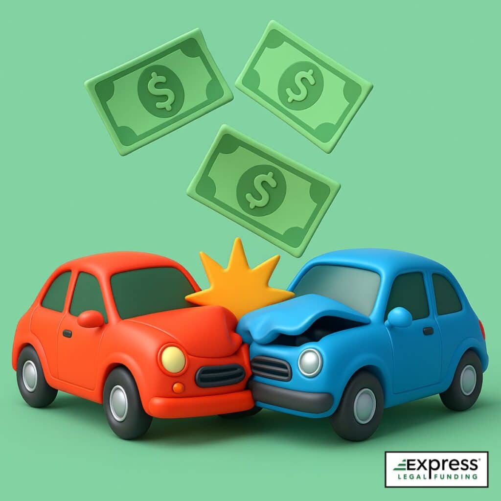 Illustration of a car crash with floating dollar bills above the impact, representing car accident settlement funding.