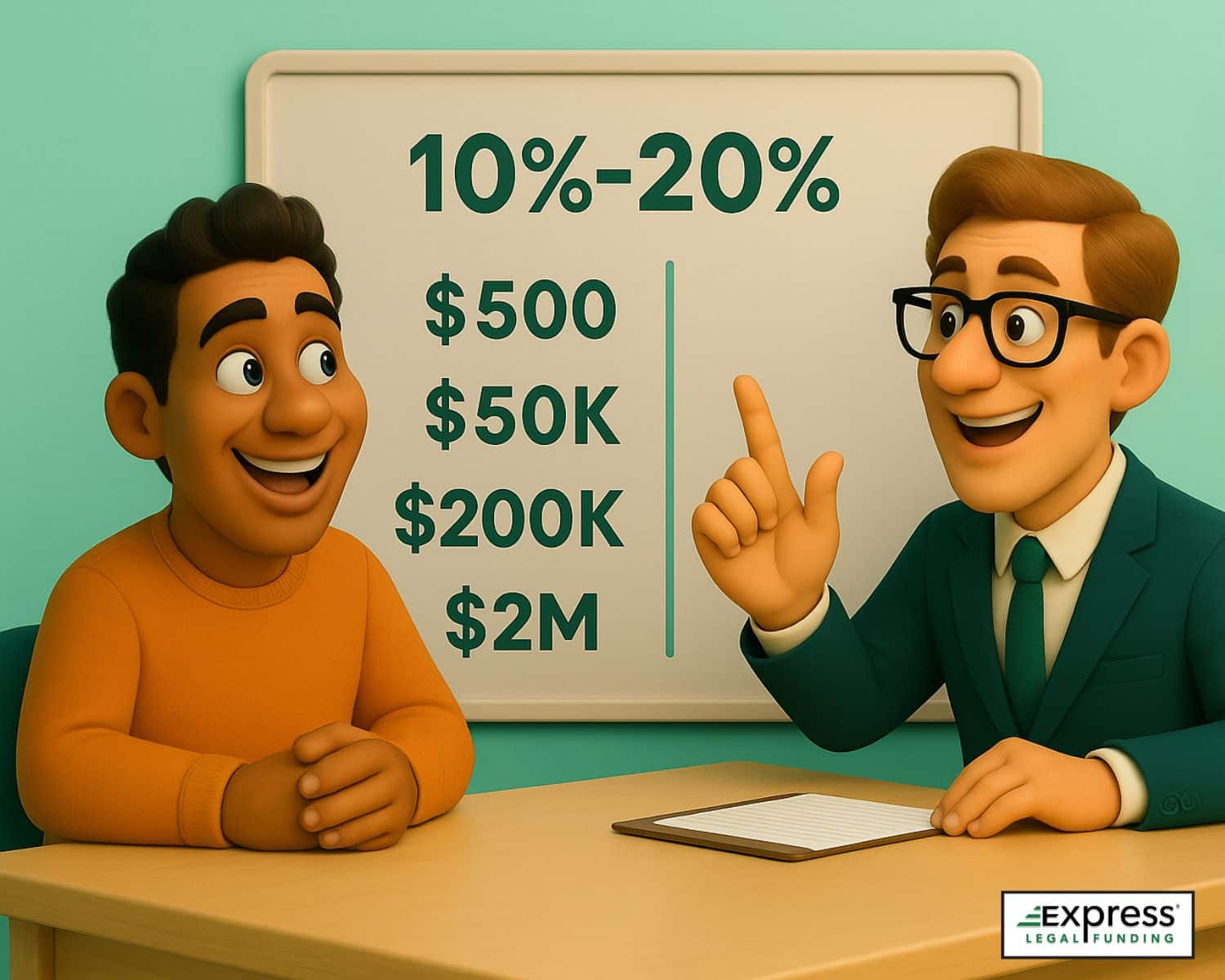 Funding advisor explaining 10–20% pre-settlement funding range with examples from $500 to $2 million.