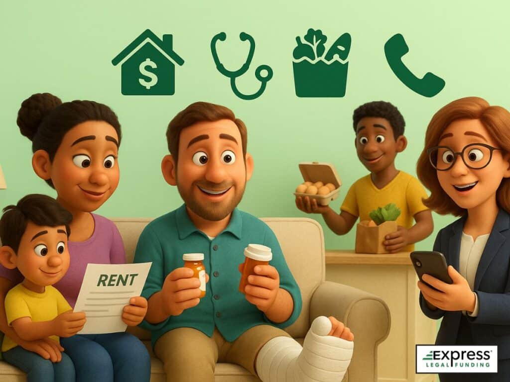 3D illustration of injured plaintiffs using settlement loans to pay for rent, medical bills, groceries, and phone service.