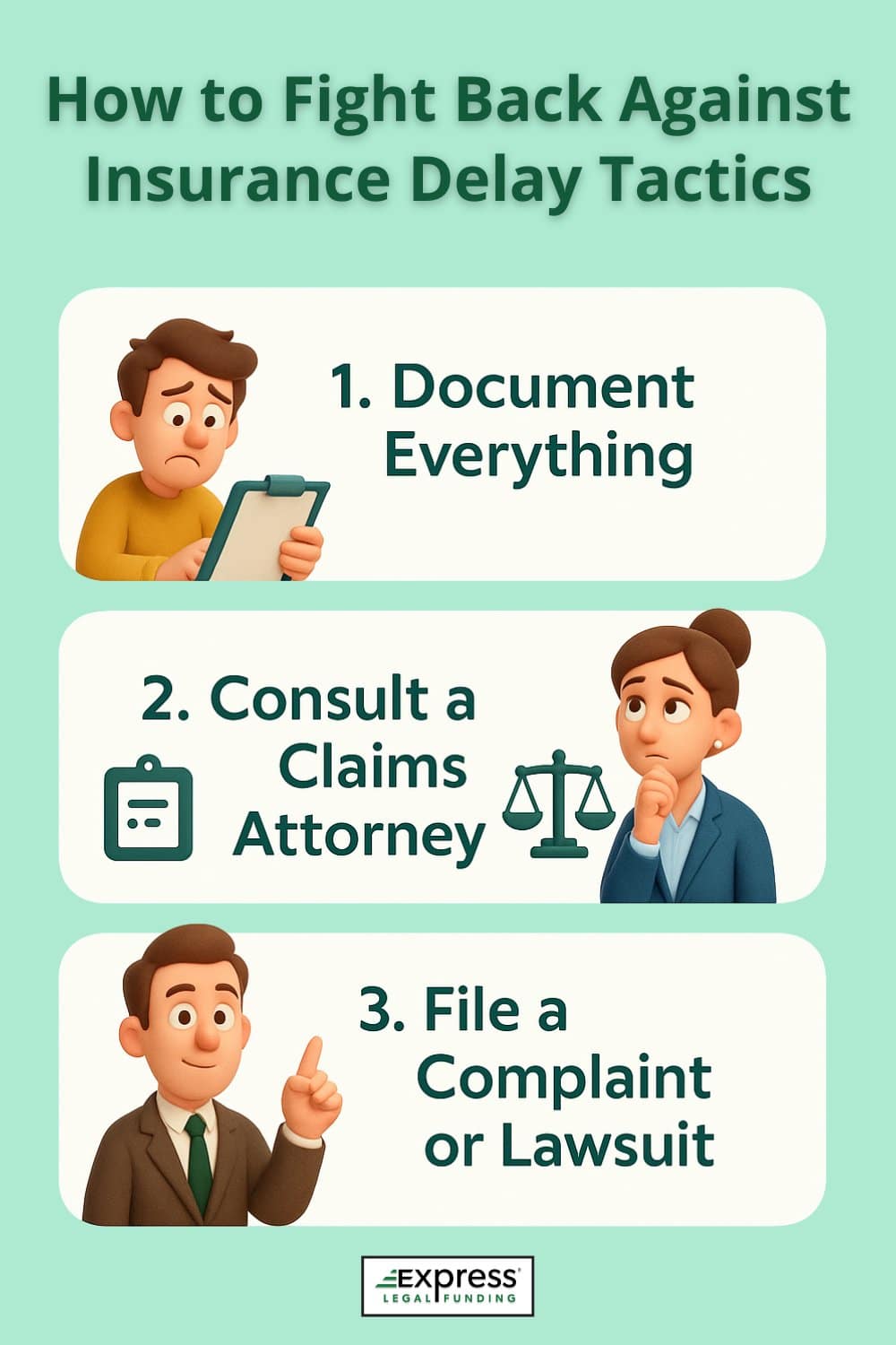 Infographic showing three ways to fight back against insurance delay tactics: document everything, consult a claims attorney, and file a complaint or lawsuit.