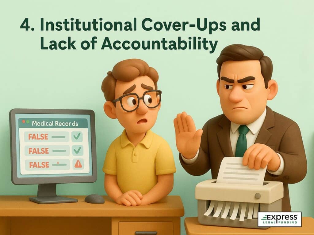A nursing home manager shredding papers as another staff member looks worried beside a monitor with fake records.