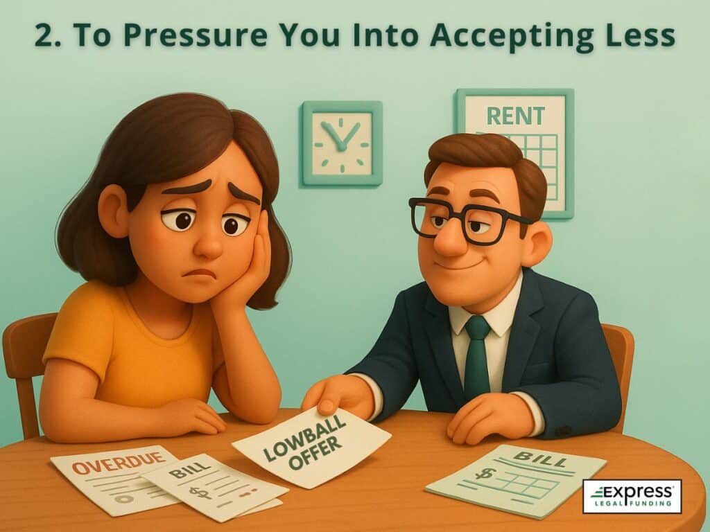Woman facing overdue bills as insurance agent offers a low settlement during financial hardship.