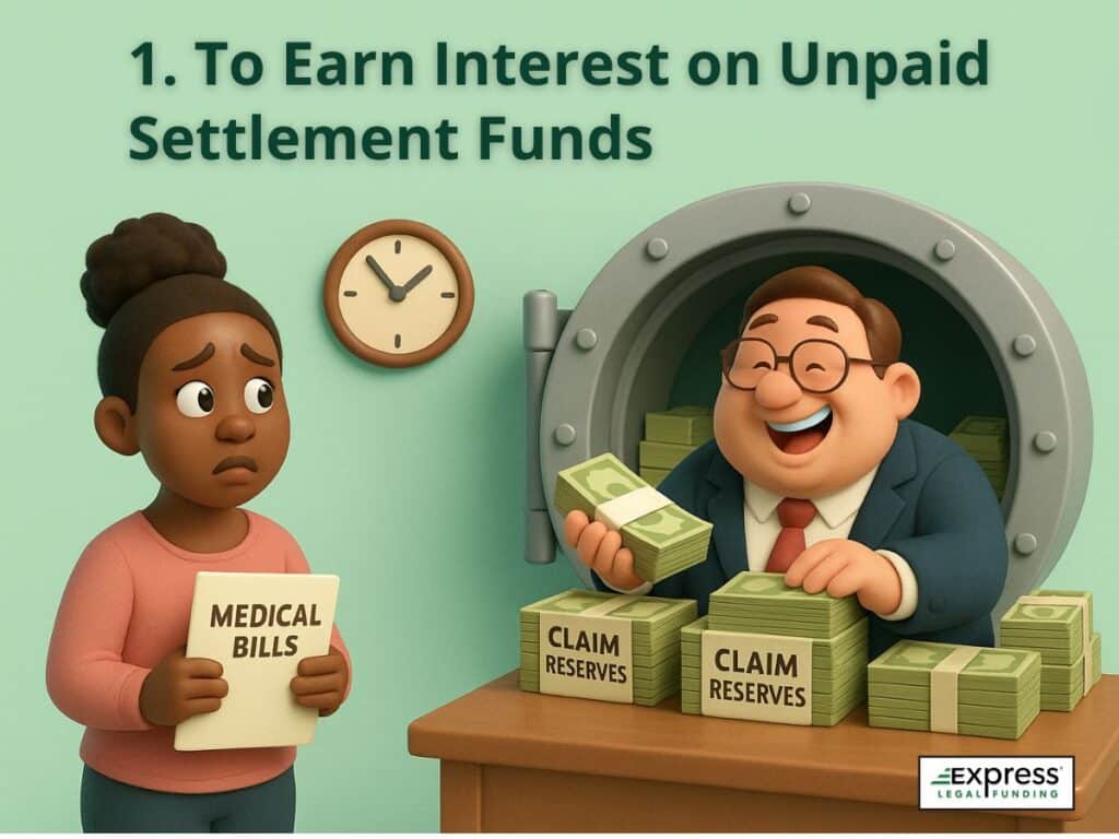 Insurance executive gleefully stacking cash from claim reserves while injured claimant holds medical bills.