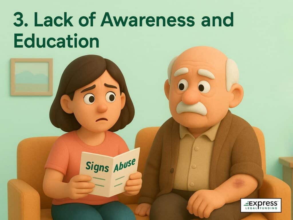 A concerned woman holding an “Abuse Signs” pamphlet while sitting beside an elderly man with a visible bruise.