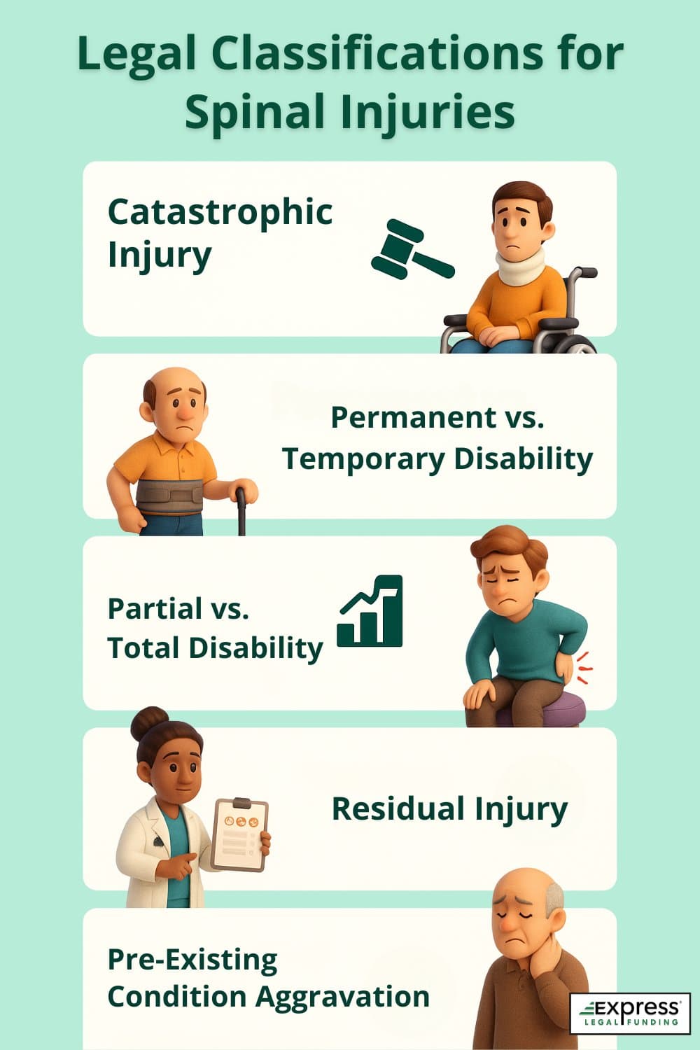 Vertical infographic displaying five legal categories for spinal injury claims: catastrophic injury, permanent vs. temporary disability, partial vs. total disability, residual injury, and pre-existing condition aggravation