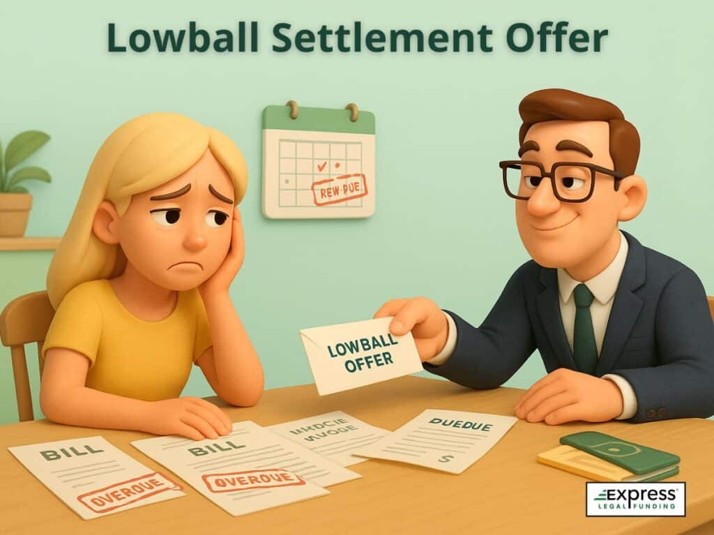 Concerned woman facing overdue bills as insurance adjuster offers a lowball settlement, illustrating pressure tactics used during delayed insurance claims.