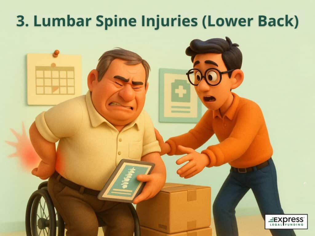 Illustration of a man with lower back pain in a wheelchair while discussing medical documents with a helper.