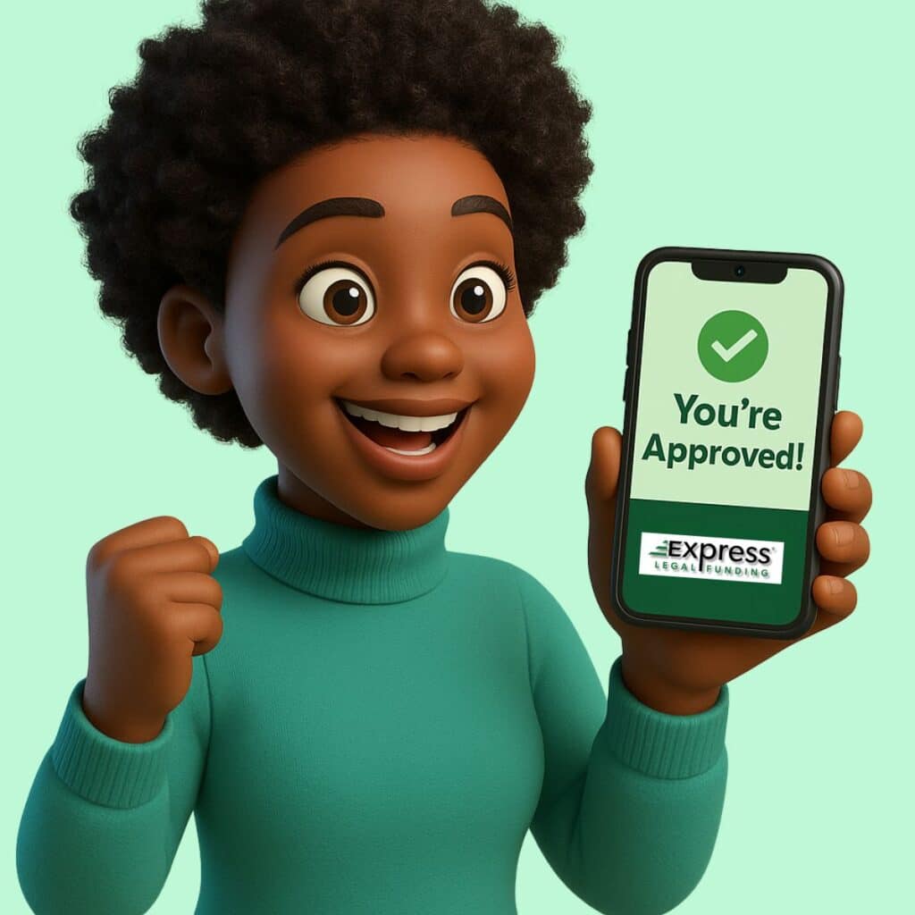 Image of a smiling woman holding a phone with “You’re Approved!” and the Express Legal Funding logo.