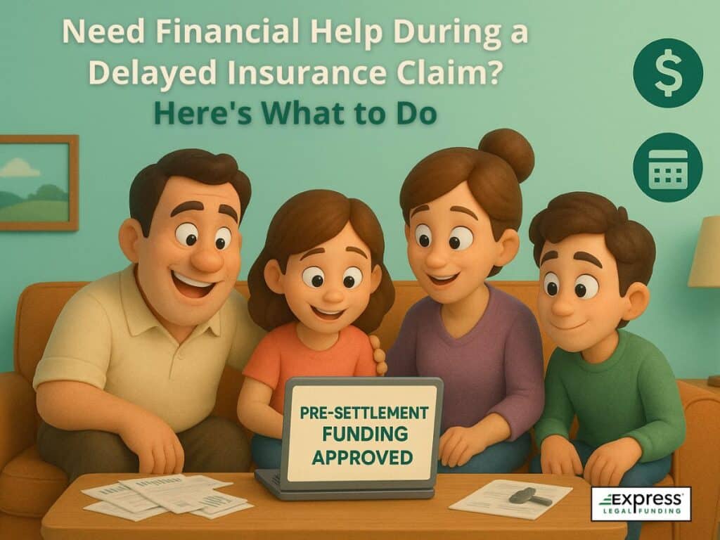 Happy family receives pre-settlement funding approval on laptop to ease financial burden during insurance delay.