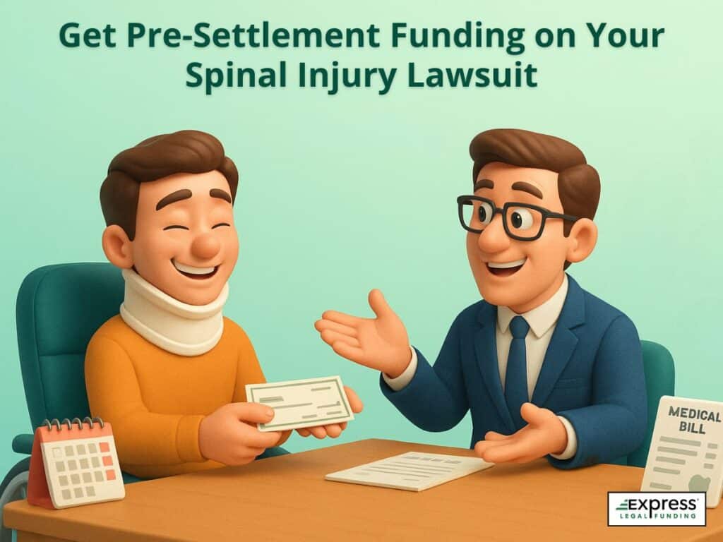 Happy spinal injury claimant receiving a check from a funding representative at a desk with medical bills and a calendar.