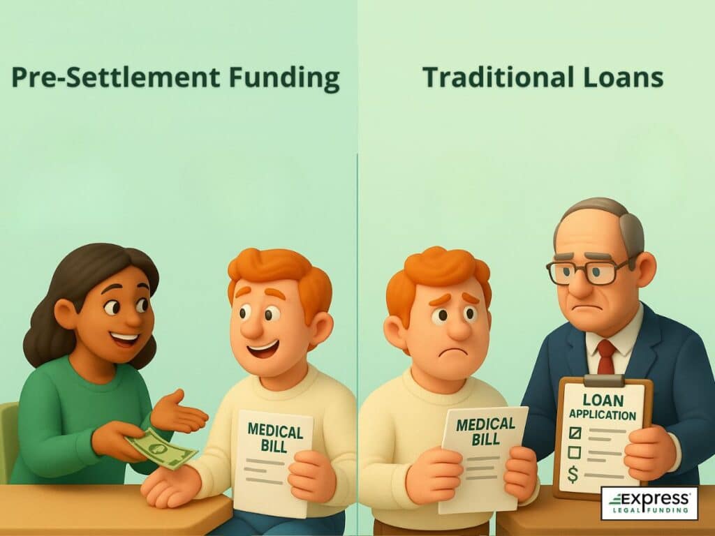 Split-screen showing happy plaintiff receiving pre-settlement funding versus stressed plaintiff applying for a traditional bank loan.