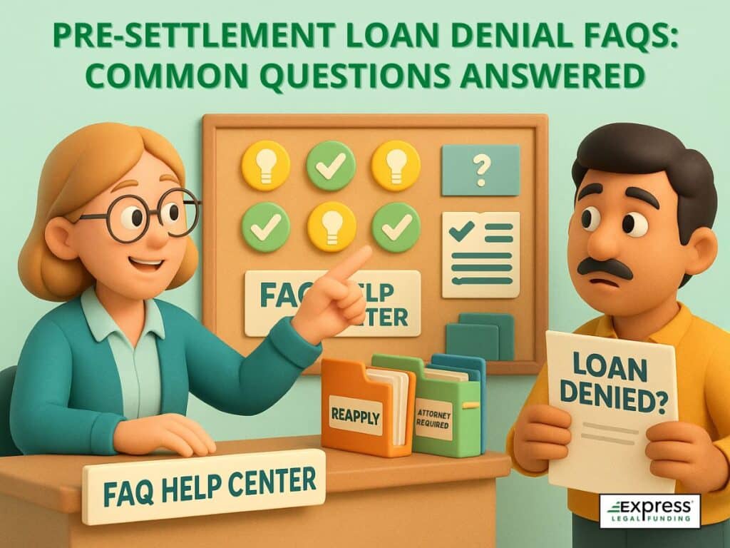 3D illustration of a plaintiff asking questions about pre-settlement loan denials at a legal funding FAQ help center.