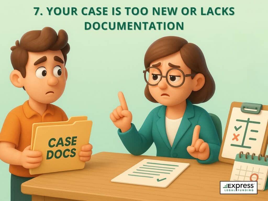 3D illustration showing a plaintiff being denied legal funding because the case is too new or lacks proper documentation.
