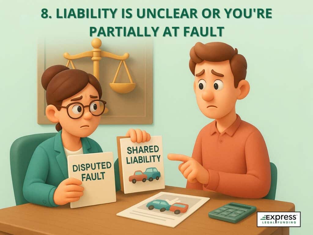 3D illustration of a legal funding denial based on unclear or shared fault, with a plaintiff and reviewer evaluating disputed liability.