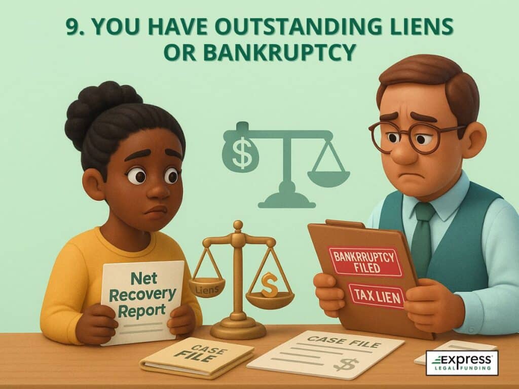 3D illustration showing a legal funding denial because of outstanding tax liens and an active bankruptcy case.
