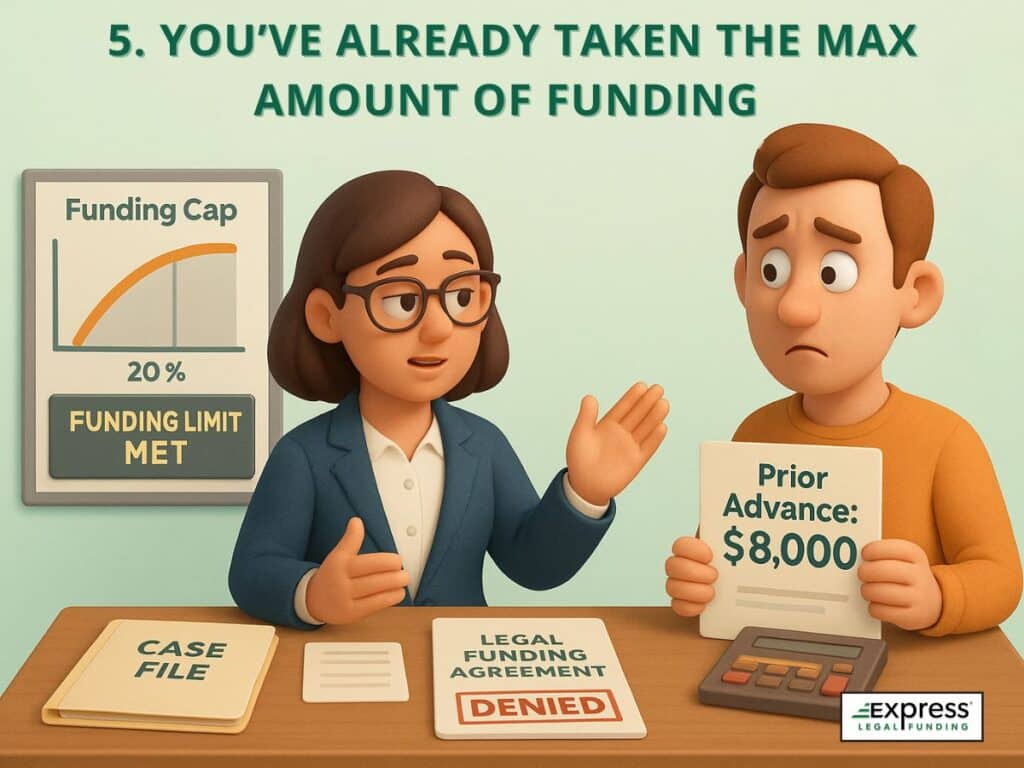3D illustration of a plaintiff denied additional legal funding after reaching the maximum funding cap based on their case value.