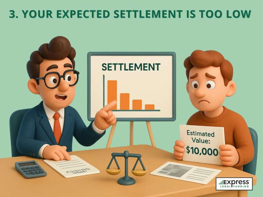 3D illustration showing a plaintiff holding a $10,000 settlement estimate, leading to a lawsuit loan denial.