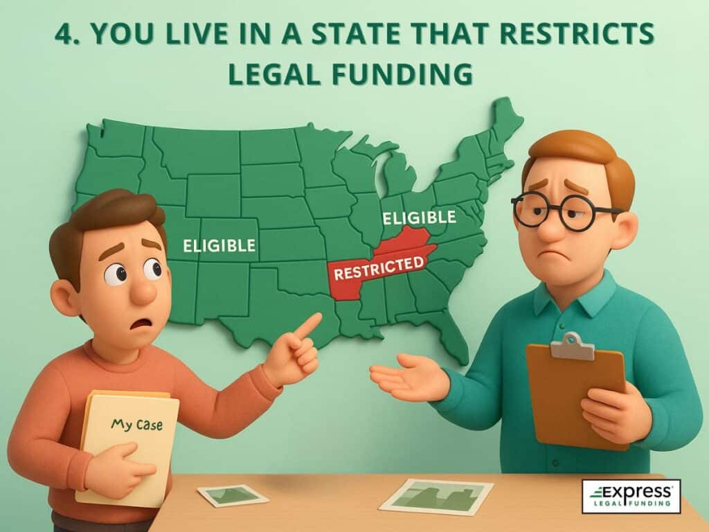 3D illustration of a plaintiff pointing to a U.S. map showing restricted states like Arkansas, highlighting state-level legal funding bans.