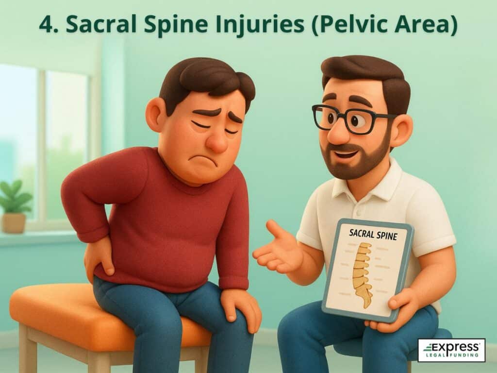 Patient experiencing pelvic pain while discussing sacral spine anatomy with a medical professional.