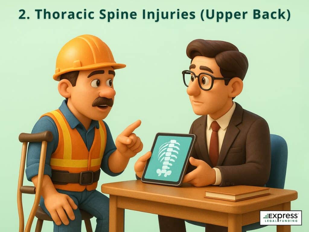 Construction worker with upper back pain speaking to a suited lawyer holding a spine X-ray.