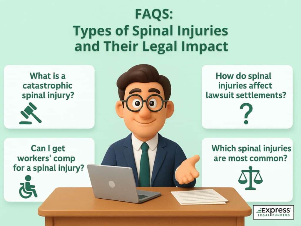 Lawyer answering legal FAQ questions about spinal injuries, with icons for disability, lawsuits, and spinal anatomy.