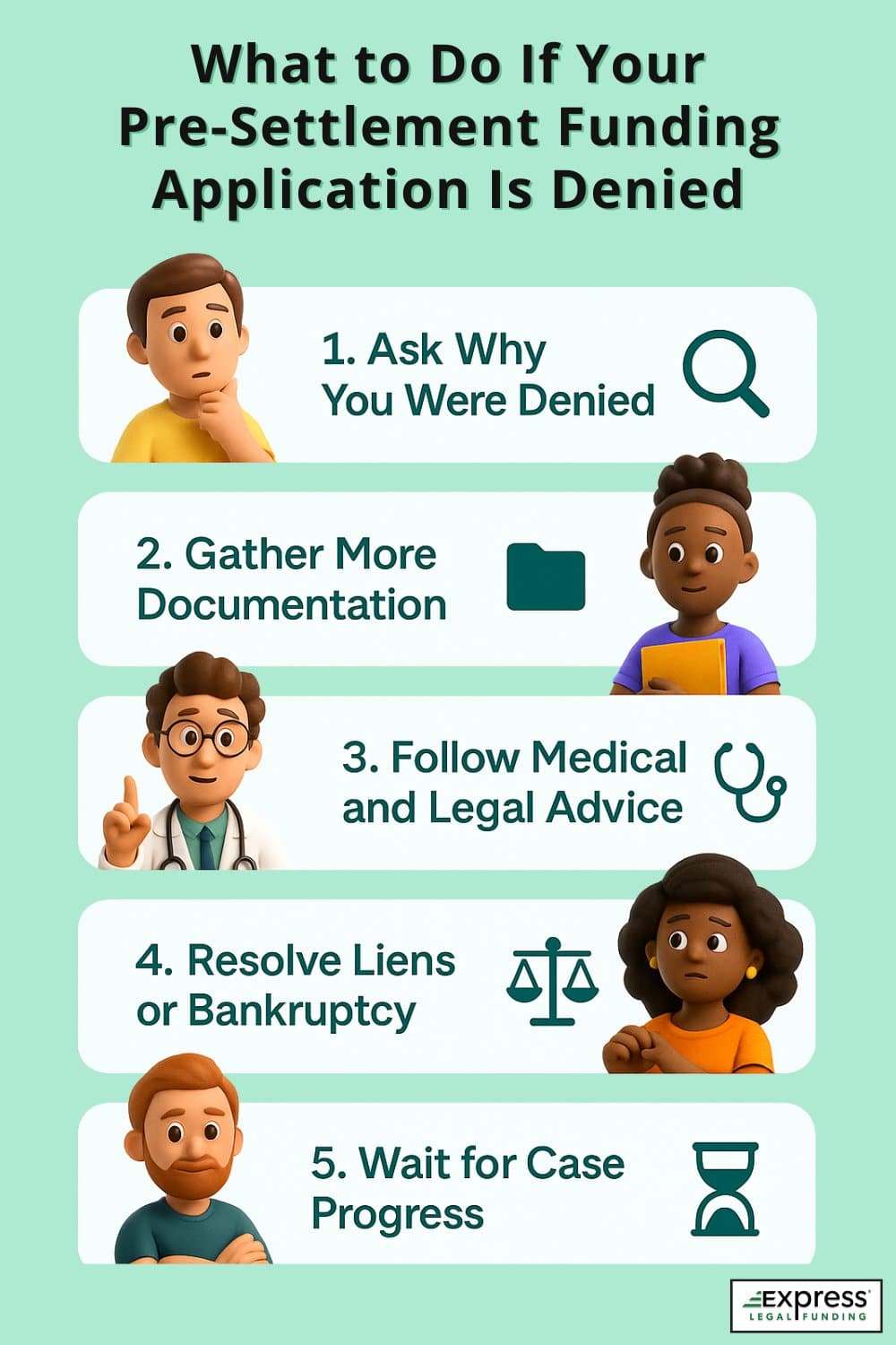 Infographic outlining five steps to take after a pre-settlement loan denial: ask why you were denied, gather more documentation, follow medical and legal advice, resolve liens or bankruptcy, and wait for case progress.