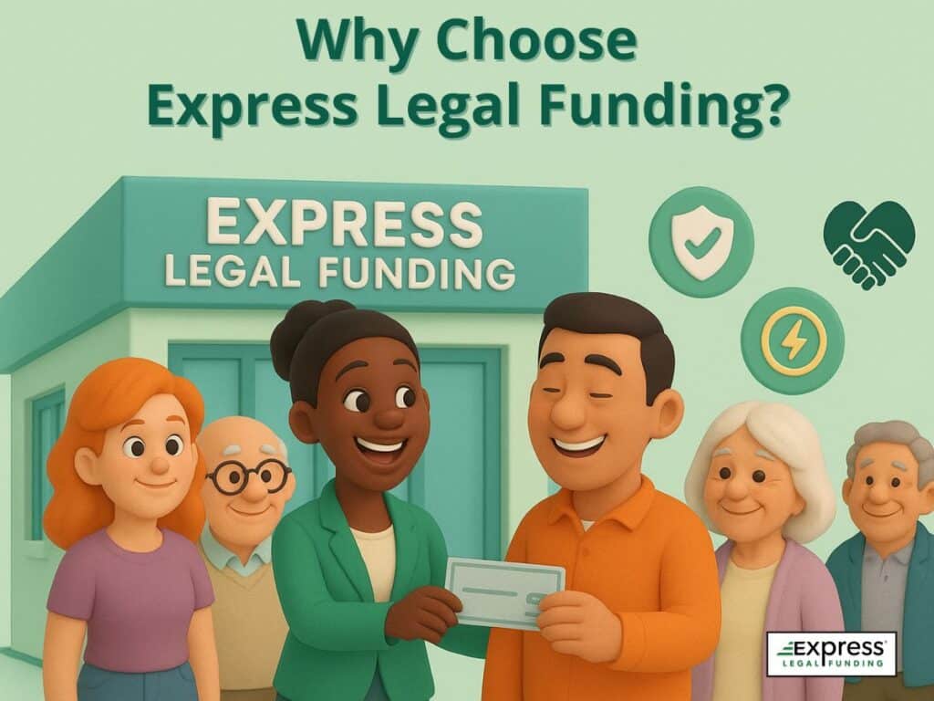 Happy clients receiving fast funding at Express Legal Funding office with icons for trust, speed, and transparency.